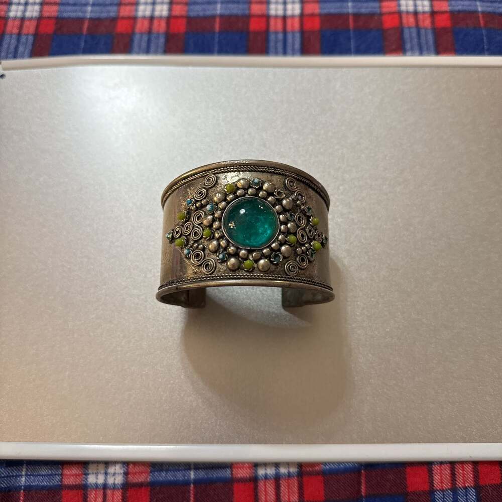 Vintage Boho Hinged Cuff Bracelet with Green Cabochon Stones